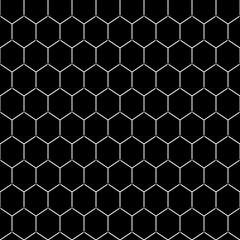 Honeycomb wallpaper. Repeated black interlocking polygons tessellation on white background. Seamless surface pattern design with regular hexagons. Grid motif. Digital paper for web designing. Vector.