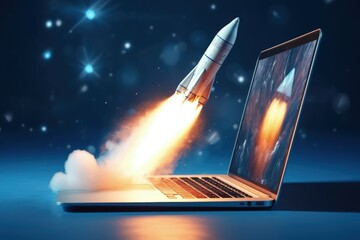 Rocket coming out of laptop screen, innovation and creativity concept, background. Generative AI