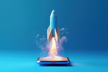 Rocket coming out of mobile phone screen, blue background. Generative AI