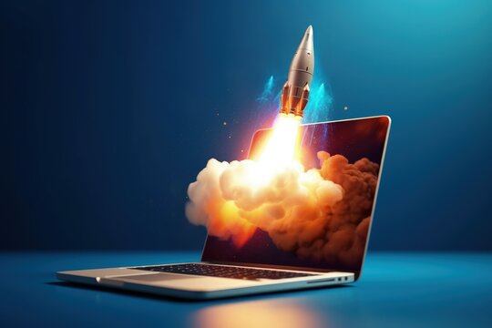 Rocket coming out of laptop screen, innovation and creativity concept, background. Generative AI