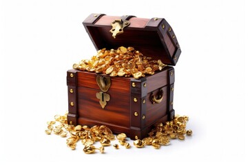 Wooden chest with full of gold, riches concept, digital illustration. Generative AI