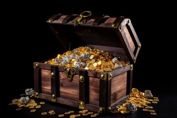 Wooden chest with full of gold, riches concept, digital illustration. Generative AI