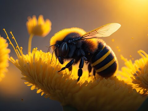 Close up of a bumble bee with yellow flower. ai generative