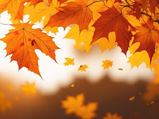 Naklejka na ściany i meble Flying fall maple leaves on autumn background. ai generative