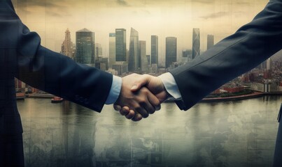 Business men shaking hands, city in the background, digital illustration. Generative AI