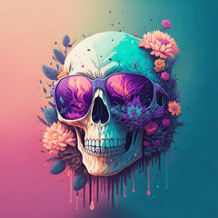 Illustration of funny skull decorated with  flowers wearing sunglasses 