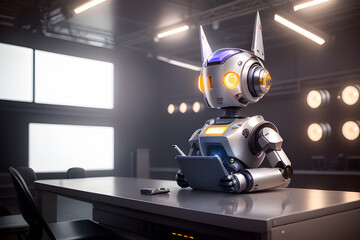 Fototapeta premium Cute robot businessman is working in the office. Concept idea of ​​a bot assistant, business helper in everyday life. Ai generated illustration.