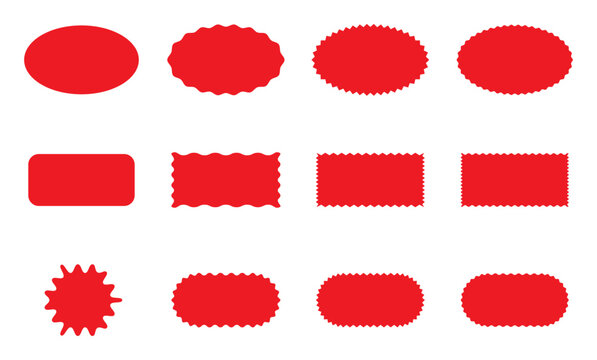 Sale and big set of red labels collection. Sale and discount stickers. Sale price tags or promotional badge. Promo banners. Red labels isolated. Circle, Oval and rectangle zig zag label set.
