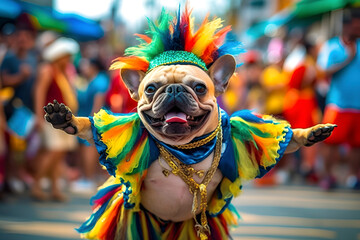 A funny French Bulldog in a multi-colored costume is dancing at the Brazilian Carnival. Generated AI