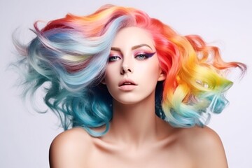 Fototapeta premium Beautiful woman with multi-colored rainbow hair and creative make up and hairstyle. Beauty face. Generative Ai.