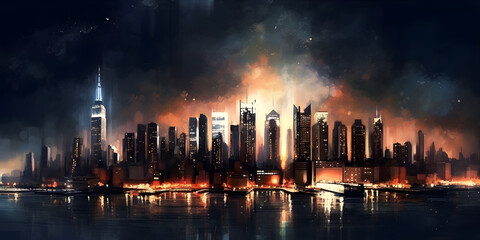 Fototapeta premium Cityscape at Night: A stunning view of a metropolitan skyline illuminated by city lights. Generative ai.