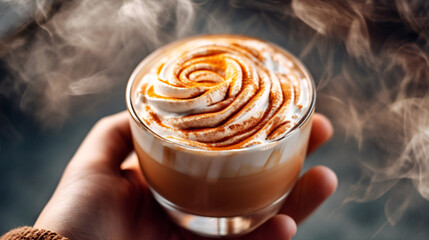 An artistic shot of a hand holding a frosted glass filled with a creamy latte topped with swirls of caramel sauce. Generative ai.