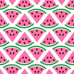 Watermelon doodle seamless pattern. Simple hand drawn slices, geometric fruits, cute childish print. Vector illustration isolated on white background