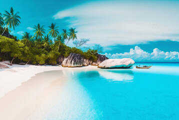 Tropical paradise beach with white sand and crystal clear blue water. Beautiful natural summer vacation holidays background. Travel tourism wide panorama background concept. digital ai art