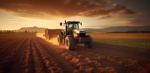 Sunset in the countryside. Tractor on a large field, creating beds to sow seeds into purified soil. The agricultural vehicle. Generative Ai.