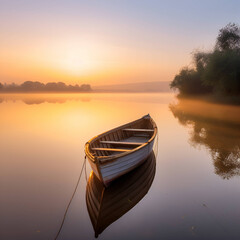One boat in water in sunrise , foggy background 
