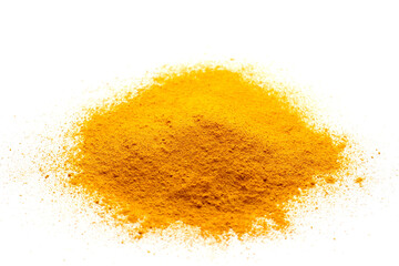 Turmeric (Curcuma) powder pile isolated on white, side view
