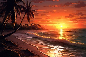 drawing of a beach with the sea and palm trees at sunset. Generated by AI.