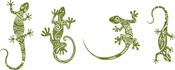 gecko - tribal decorative, tatoo, logo (green) - obrazy, fototapety, plakaty