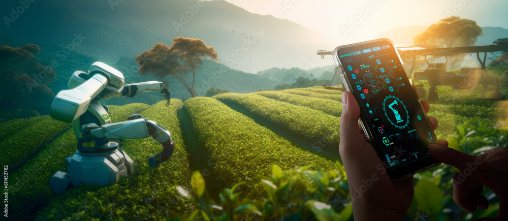 Aufkleber AI. Farmer use smartphone and robotics assistant. Pollinate of fruits and vegetables. Detection spray chemical. Leaf analysis and foliar fertilization. Science. Agriculture farming technology concept