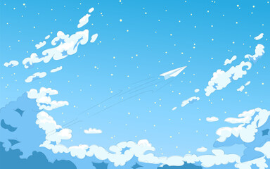 Fototapeta premium Vector illustration of Cloudy Sky in Anime manga style with paper plane, background, template
