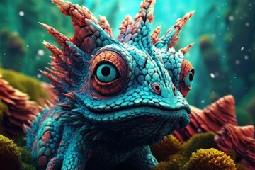 Fototapeta na wymiar Cartoon fantasy monster in mystical forest. Deep, bright colors, fantastic animal concept art. Generative AI