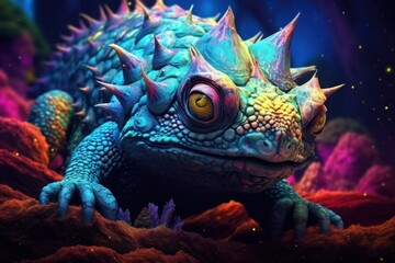 Cartoon fantasy monster in mystical forest. Deep, bright colors, fantastic animal concept art. Generative AI