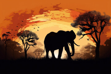 Fototapeta na wymiar Silhouette of elephant in African savannah. Wild animal at sunset natural background. Created with Generative AI