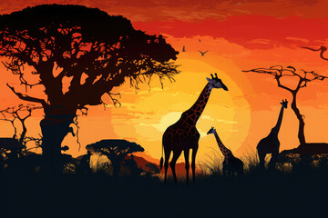 Fototapeta na wymiar Silhouette of giraffes in African savannah. Wild animal at sunset natural background. Created with Generative AI