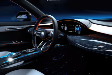 Obraz na płótnie Canvas Futuristic interior of luxury car. Car cockpit with digital dashboard without driver. Created with Generative AI