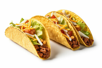 meat tomato food taco on vegetable isolated white beef mexican tortilla white. Generative AI.