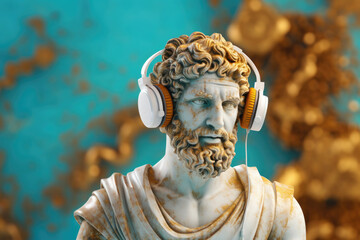 Gypsum statue in headphones on colored abstract background. Creative aesthetic contemporary art collage. Fashion wallpaper. Created with Generative AI - obrazy, fototapety, plakaty