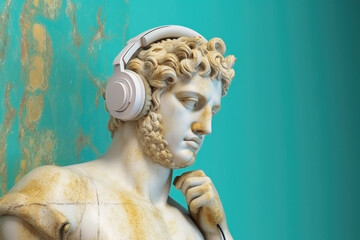 Gypsum statue in headphones on colored abstract background. Creative aesthetic contemporary art collage. Fashion wallpaper. Created with Generative AI