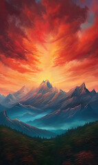 Naklejka na ściany i meble Majestic Mountain View - Digital Illustration of a Dreamlike and peaceful mountain background - Generative AI