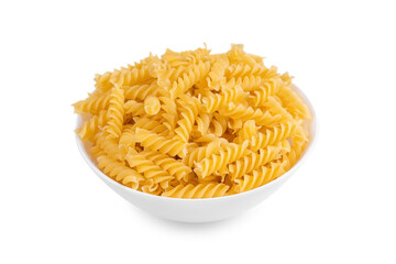 Fusilli in bowl and isolated on white background. Raw pasta spiral shape, ingredient for cook, traditonal italian cuisine.