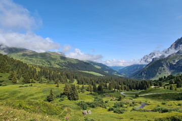 Fototapeta na wymiar Mountain Landscape with fresh green vegetation and dramatic clouds