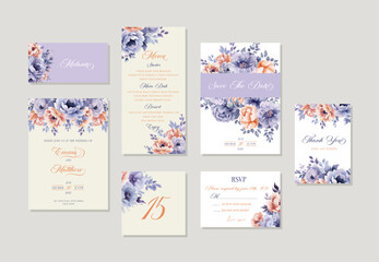 Wedding invitation set watercolor purple and peach Floral template card suite bridal shower bouquet thank you table card menu seating char escort