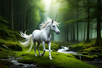 A mystical unicorn with a pearlescent horn, prancing through a magical forest filled with enchantment