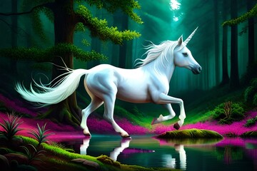Naklejka na ściany i meble A mystical unicorn with a pearlescent horn, prancing through a magical forest filled with enchantment
