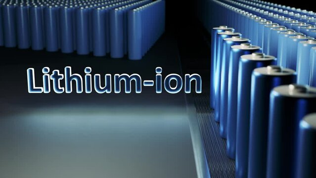 The line of Lithium-ion batteries in a dark background - 3D render - shallow focus