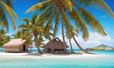 Beautiful tropical beach with hut, small house, white sand, palm trees,  turquoise ocean against blue sky with clouds on sunny summer day. Concept - relaxing, vacation, island. Generative AI