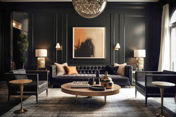 Black sofa and armchairs against of black classic paneling wall. Art deco style interior design of modern living room. Created with generative AI