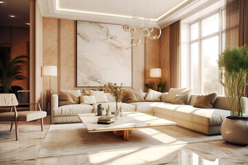 Obraz na płótnie Canvas Marble square coffee table near beige corner sofa. Interior design of modern living room. Created with generative AI