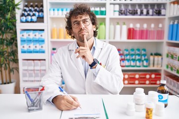 Hispanic young man working at pharmacy drugstore thinking concentrated about doubt with finger on chin and looking up wondering