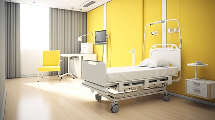 White yellow Recovery Room with beds and comfortable medical equipped in a hospital Generative AI