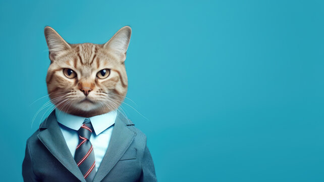 Advertising portrait, banner, serious classic cat businessman in suit with with a tie isolated on blue background
