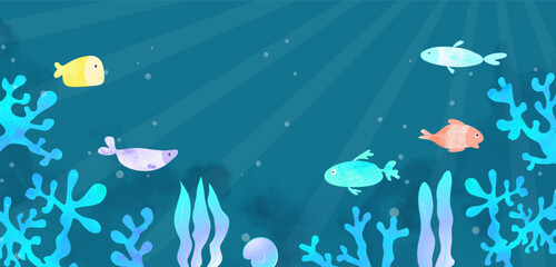 Beautiful sea background with fish, corals and algae.Modern design for promotional materials, postcards, covers and more