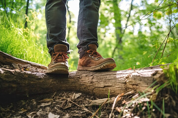 Travel footwear of young man hiking on fallen tree trunk , Travel concept