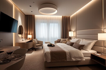 Travel modern hotel room with bed , Travel concept