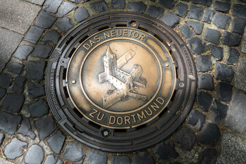 Dortmund, Germany, May 29, 2023, Dortmund city sewer plate with an old fortification